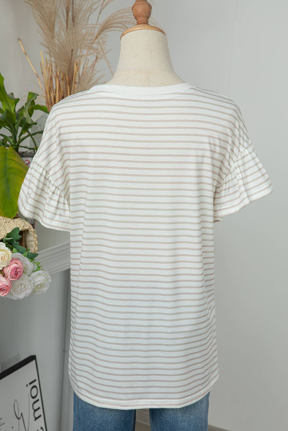 Women Striped Lace Splicing Ruffle Sleeve T-shirt