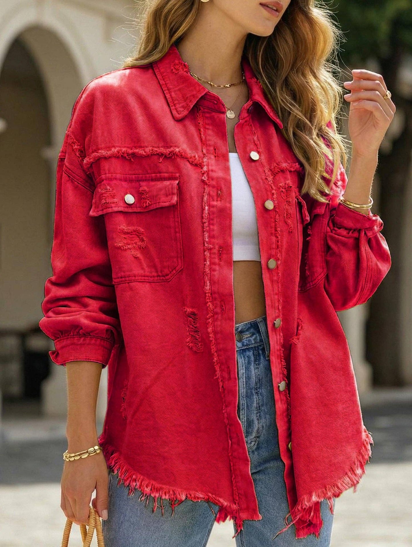 Denim Coat with Lapel and Ripped Raw Edge