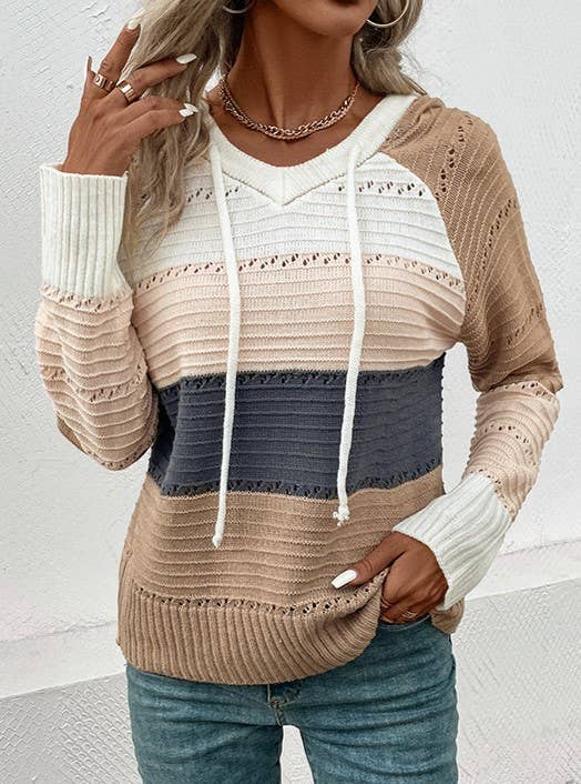 V-Neck Hooded Color-Block Knitted Long-Sleeved Sweater