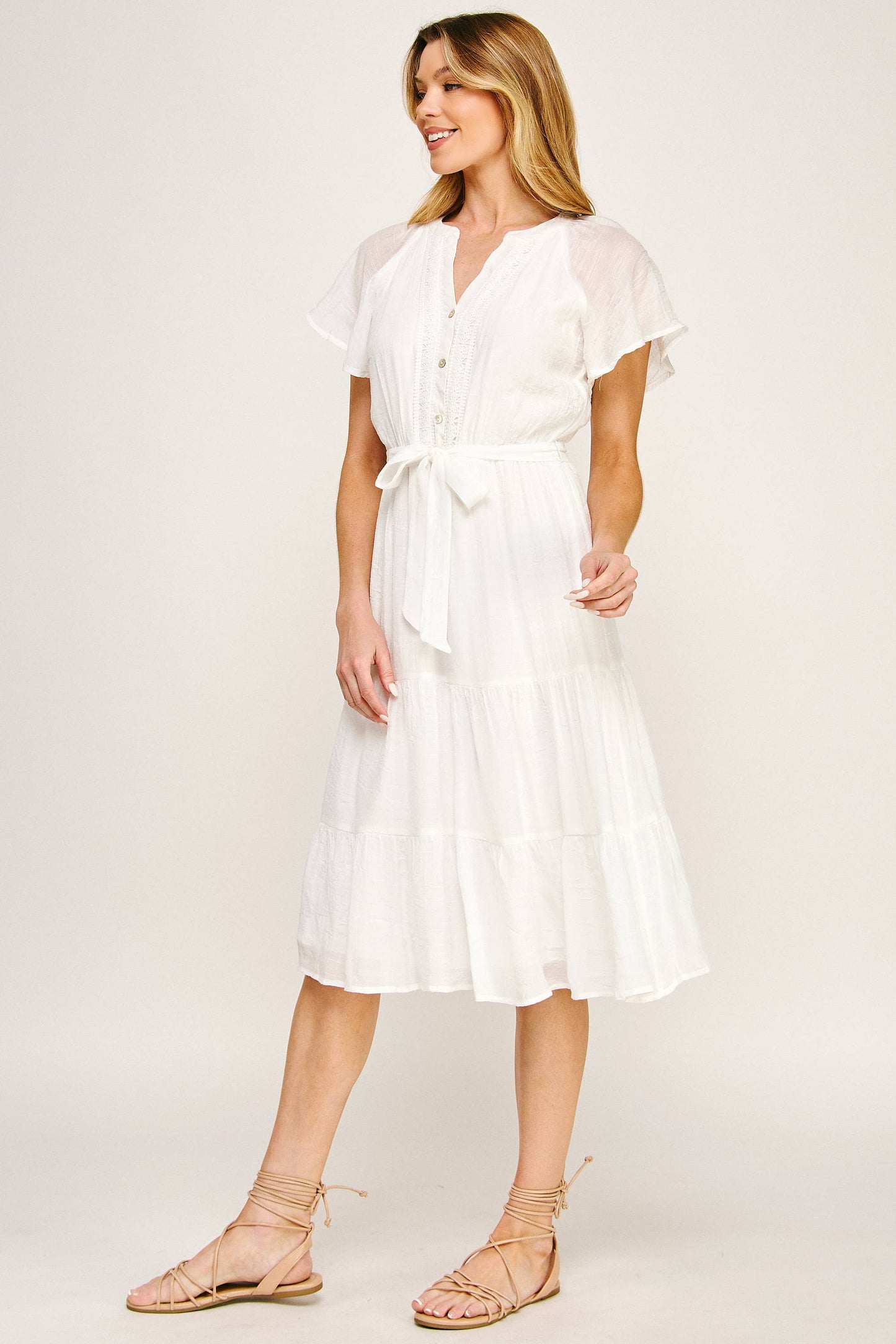 Papaya Glow Gauze Midi Dress with Trim Details