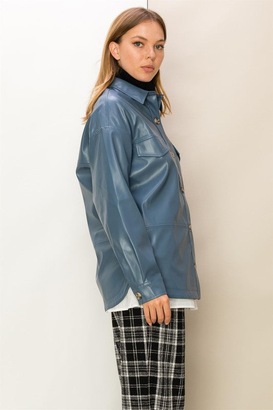After-hours Flap Detail Pu Leather Shacket