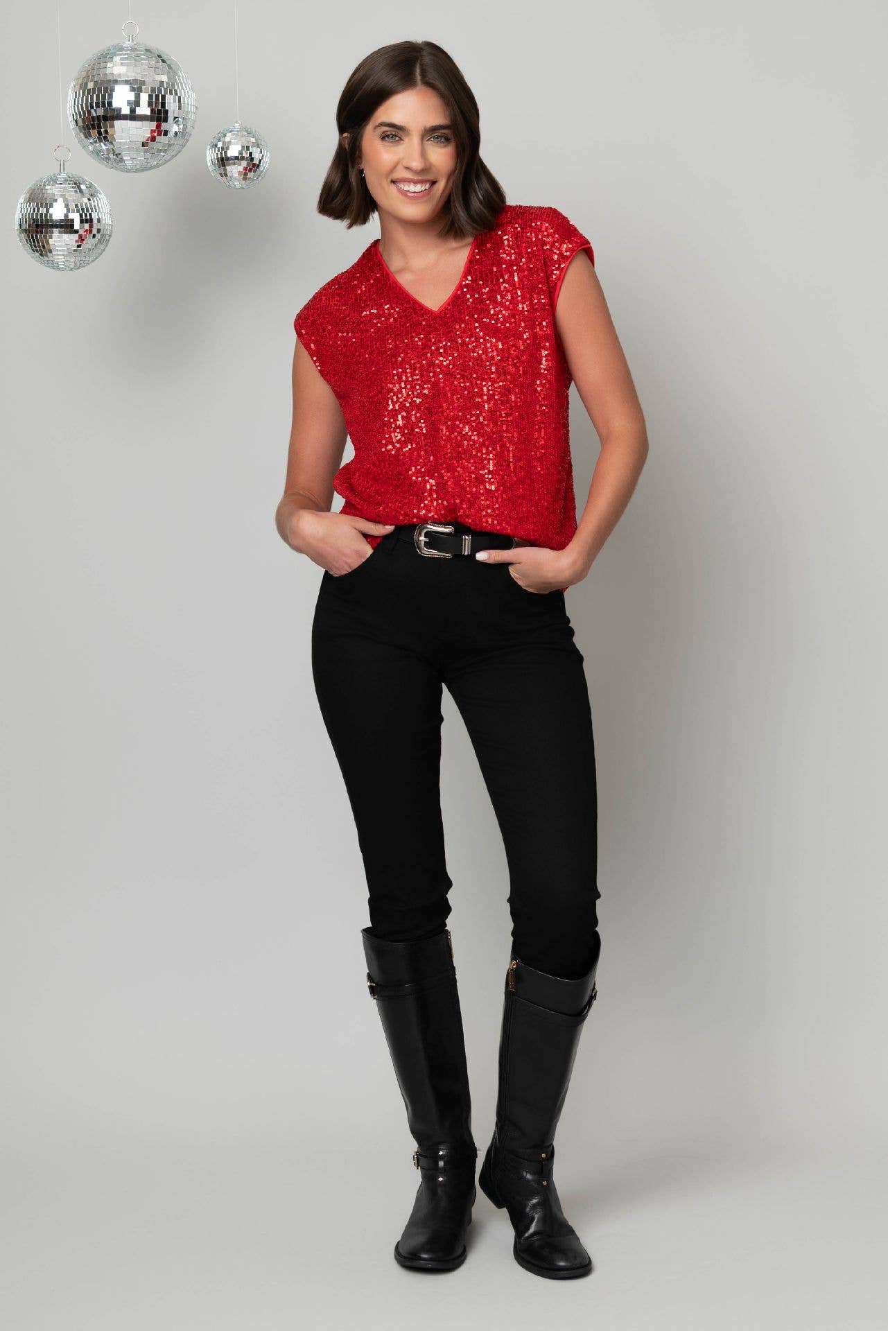 V-Neck Shimmer Top (Pewter & Red)