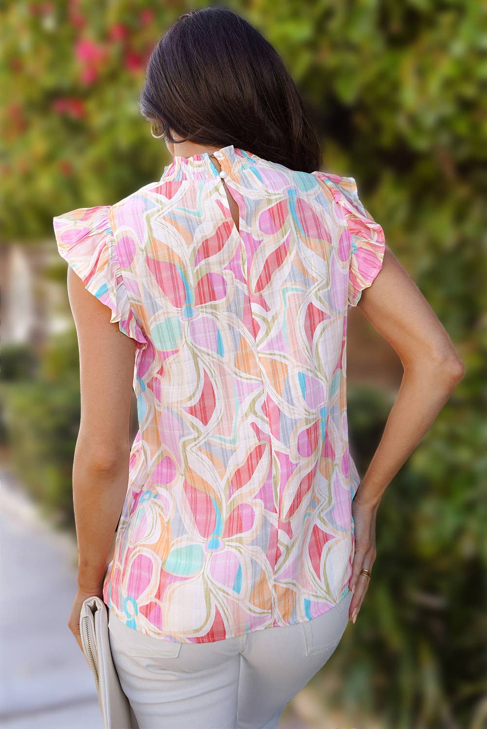 Women Abstract Print Smocked Ruffled Sleeveless Blouse