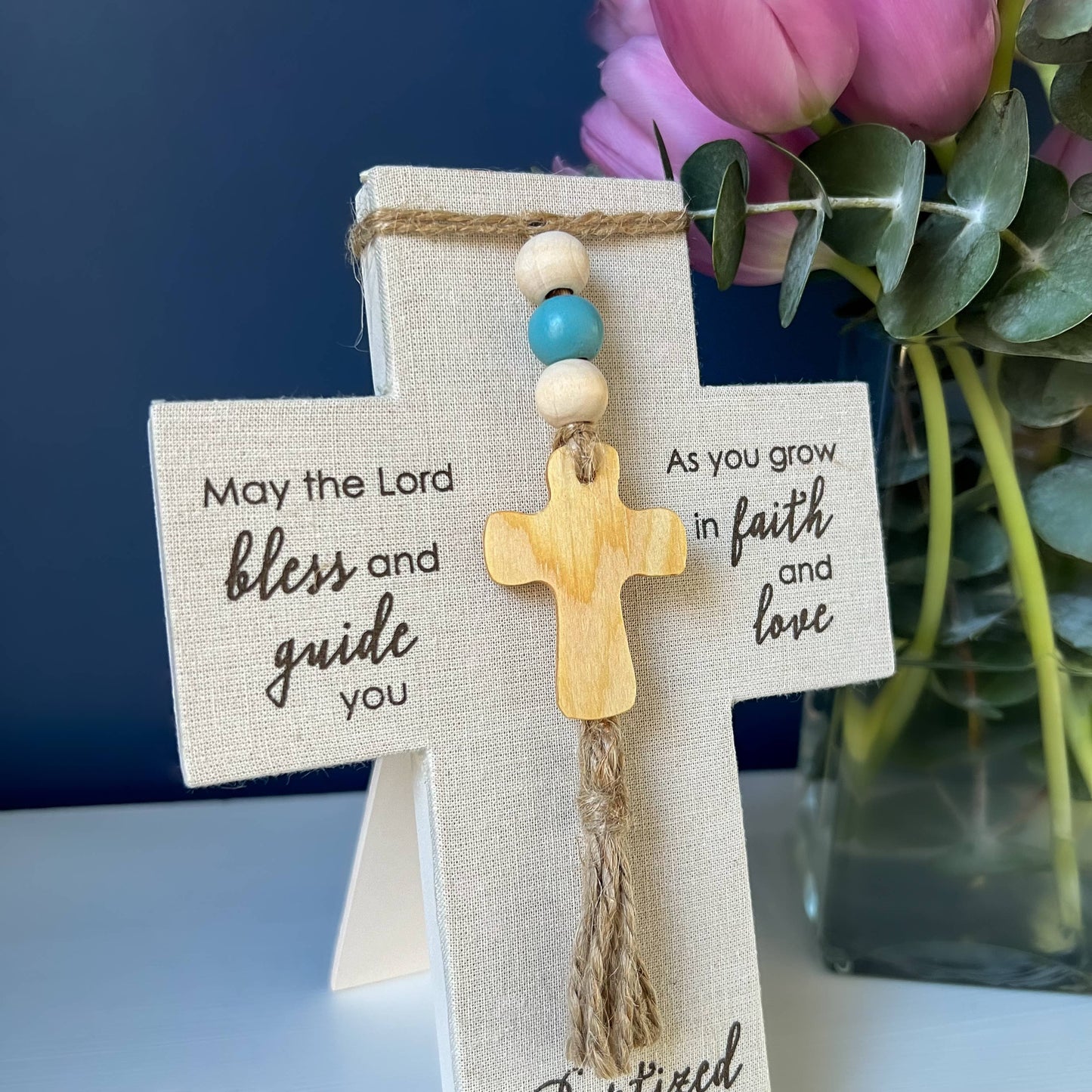 Baptized in Christ Fabric Cross: (Pink Beads)