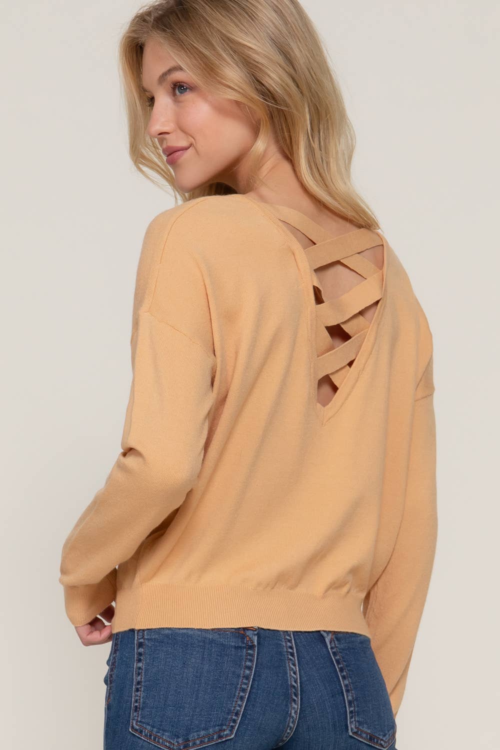 Long Sleeve V-neck Back Cross Strap Sweater