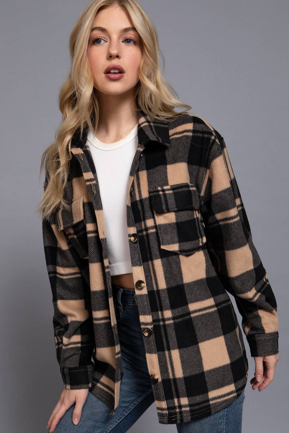 Long Sleeve Check Printed Fleece Shacket (light grey)