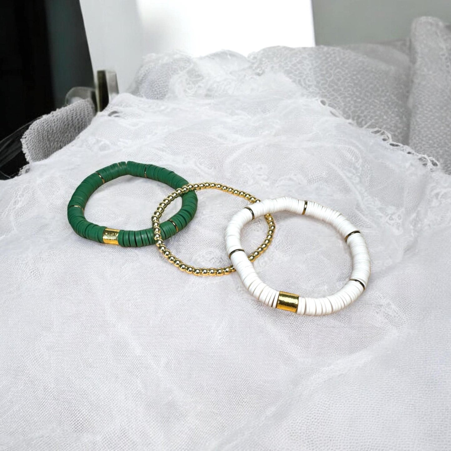 Green and White Game Day Bracelet Stack: Gold (7 inch)