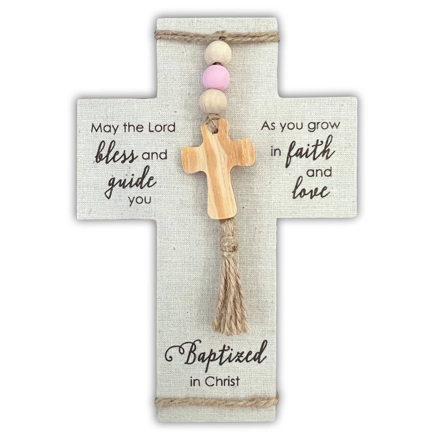 Baptized in Christ Fabric Cross: (Pink Beads)
