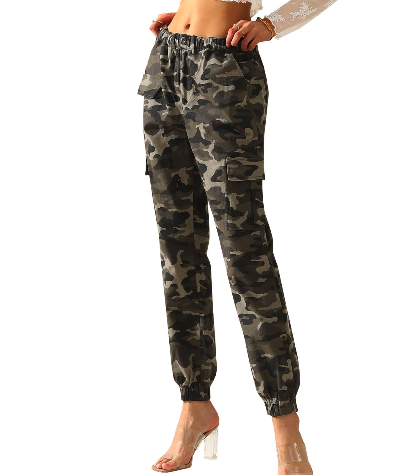 Elastic Waist Camo Cargo Pants Cotton Work Pants