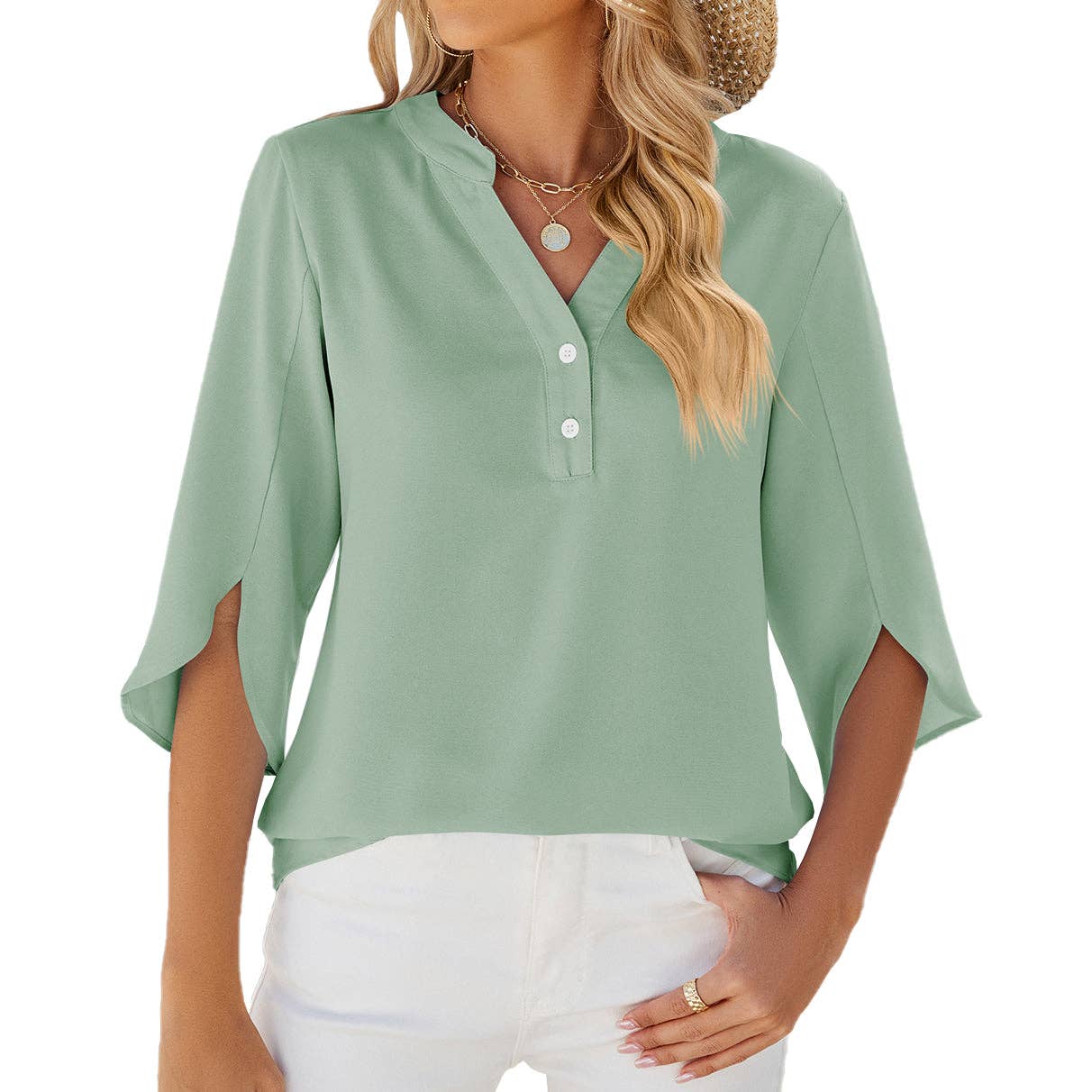 V-neck 3/4 Bell Sleeve Chiffon Top