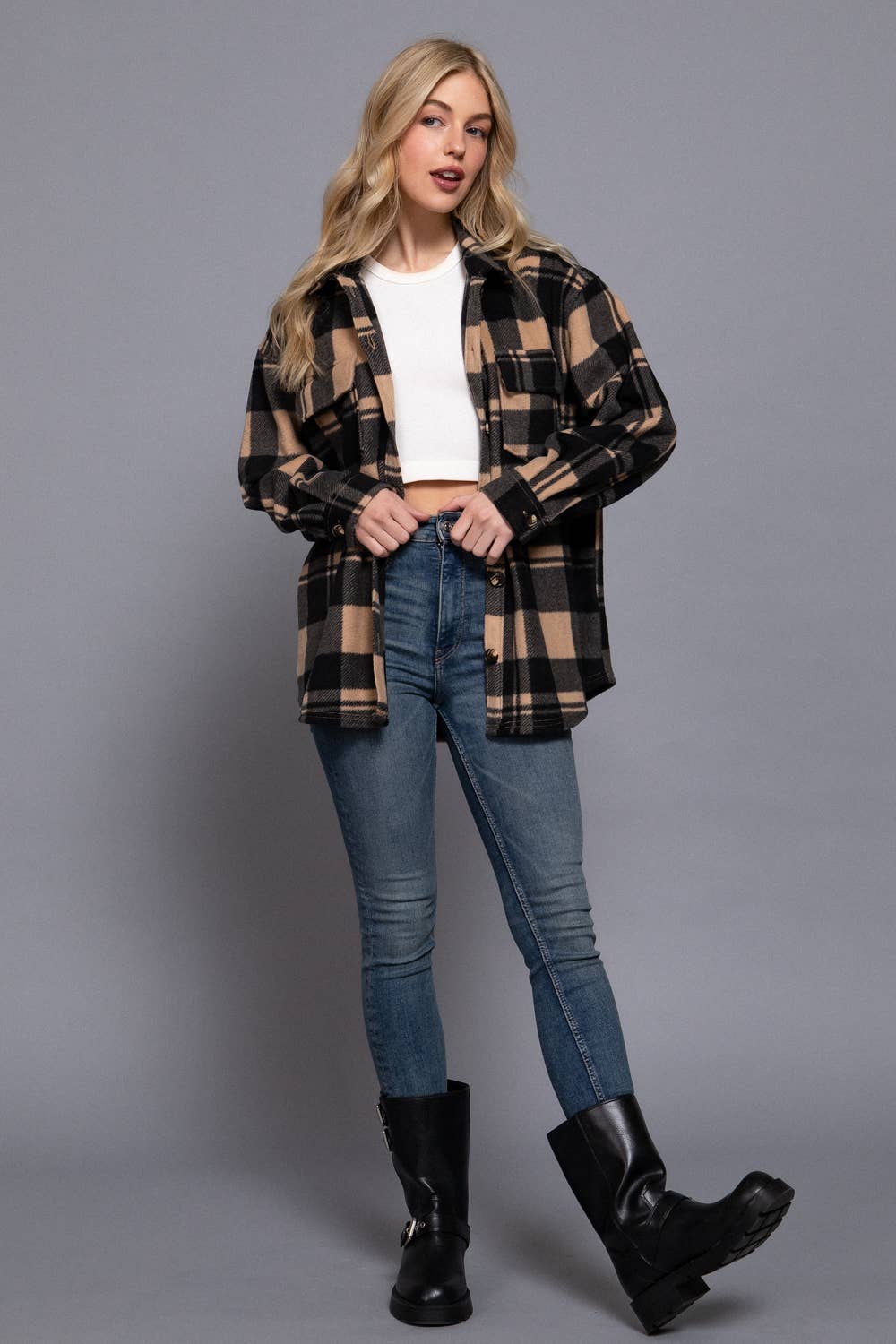 Long Sleeve Check Printed Fleece Shacket (light grey)