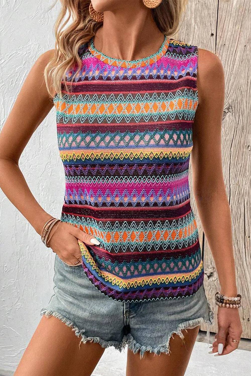 Ethnic Wavy Pattern Round Neck Sleeveless Top