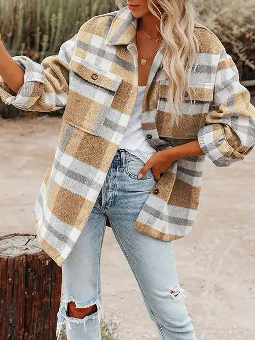 Green Plaid Button Flannel Shirt Jacket