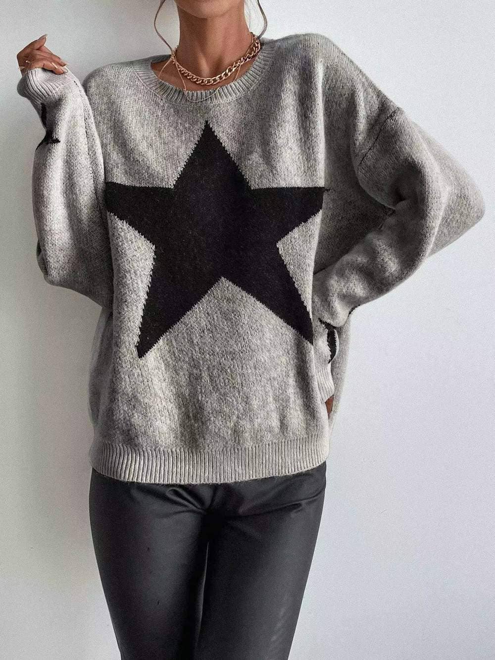 Drop Shoulder Star Pattern Sweater
