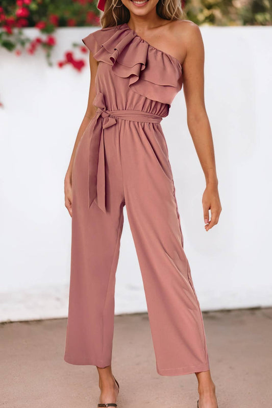 One Shoulder Ruffle Belted Tie Jumpsuit