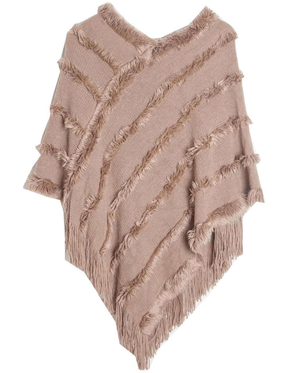 Tassel Trim Shawl with V-Neck and Hood