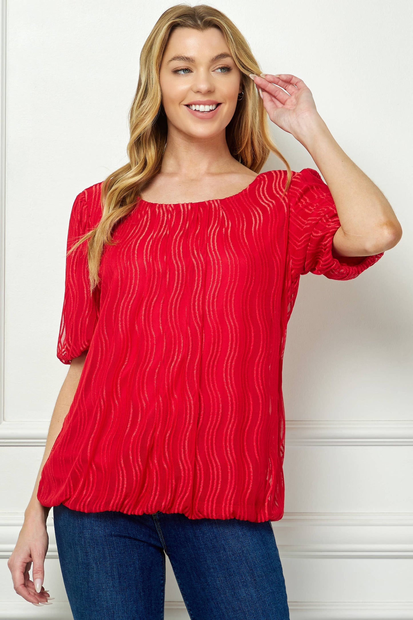 Wave Cord Mesh Bubble Sleeve Pleats Top