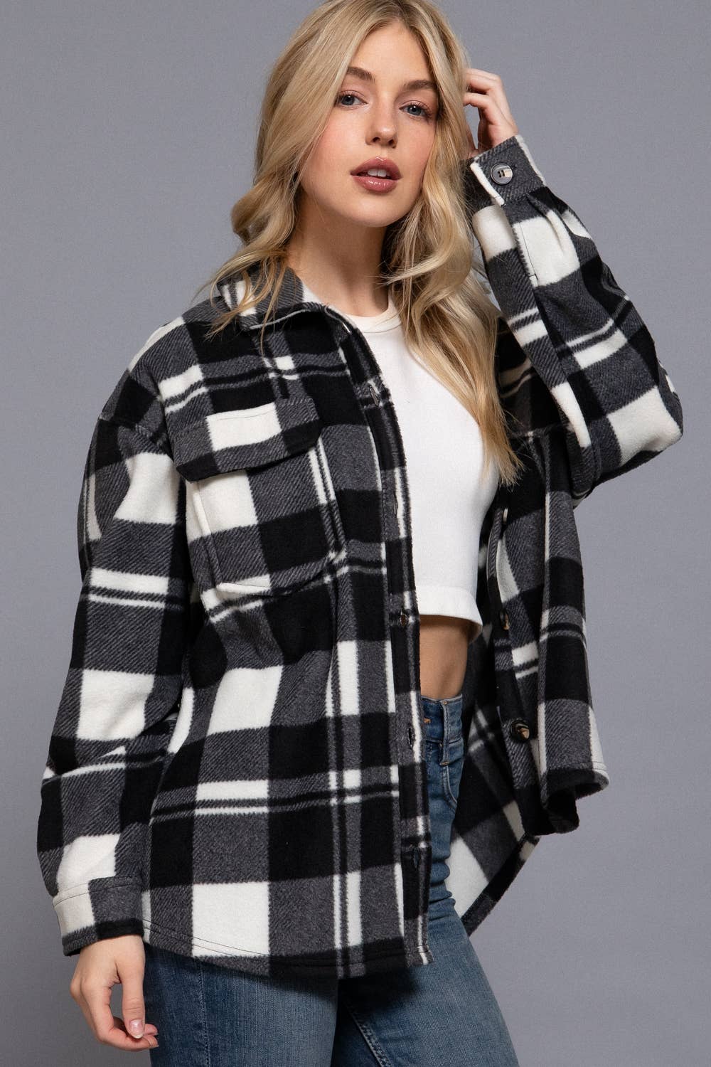 Long Sleeve Check Printed Fleece Shacket (light grey)