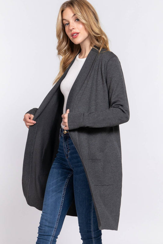 Long Sleeve Rib Banded Open Tunic Sweater Cardigan (charcoal grey)