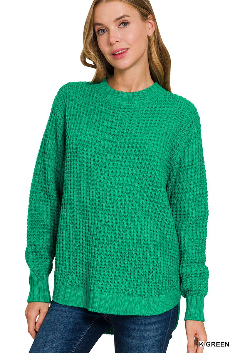 Hi-low Long Sleeve Round Neck Waffle Sweater