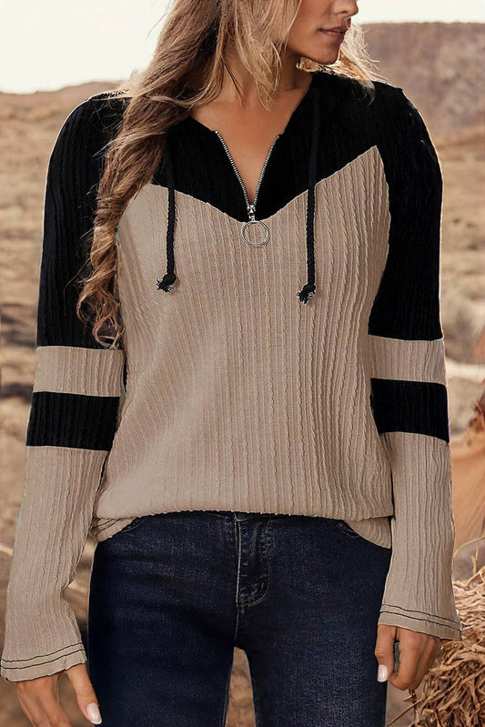 Textured Color Block Quarter Zip Drawstring Hooded Top