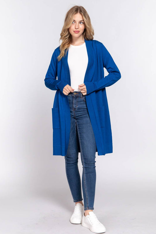 Long Sleeve Rib Banded Open Tunic Sweater Cardigan (teal blue)