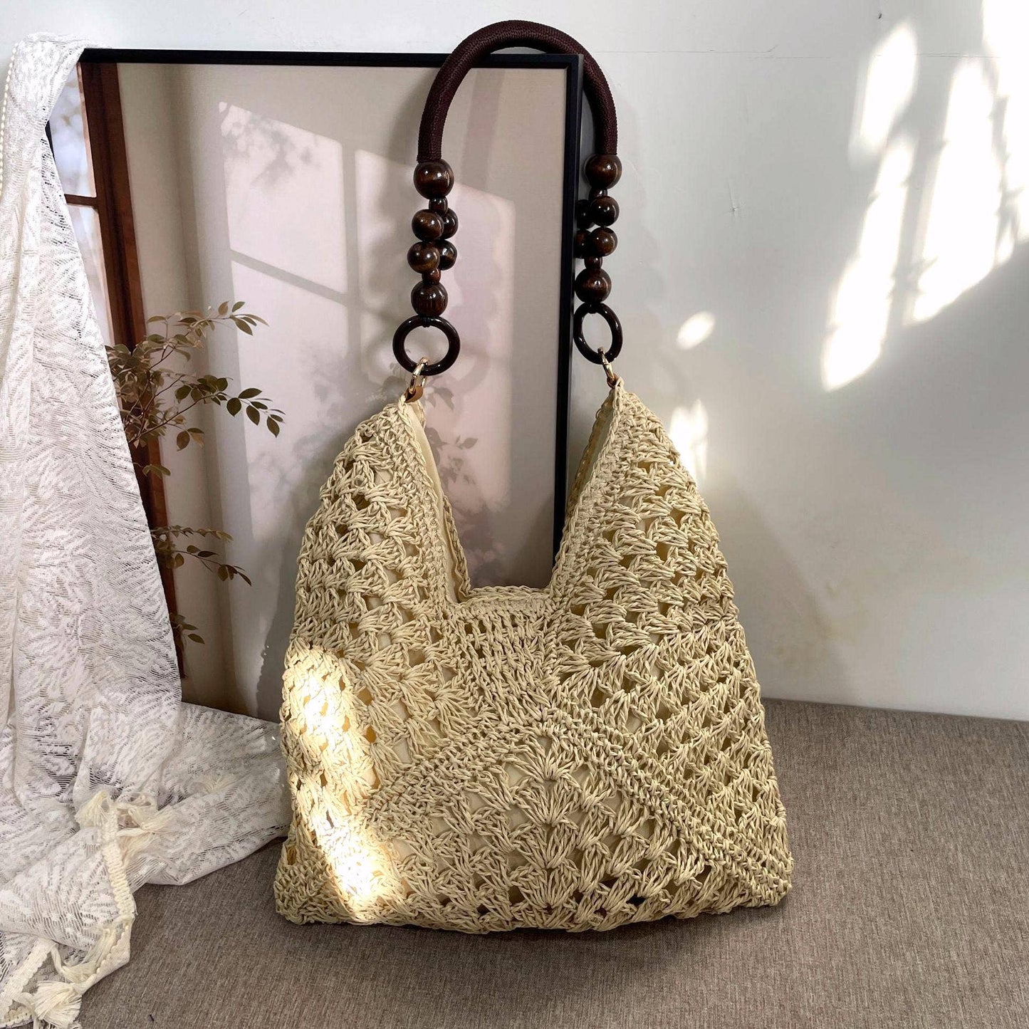Boho Color Block Crochet Straw Tote Bag