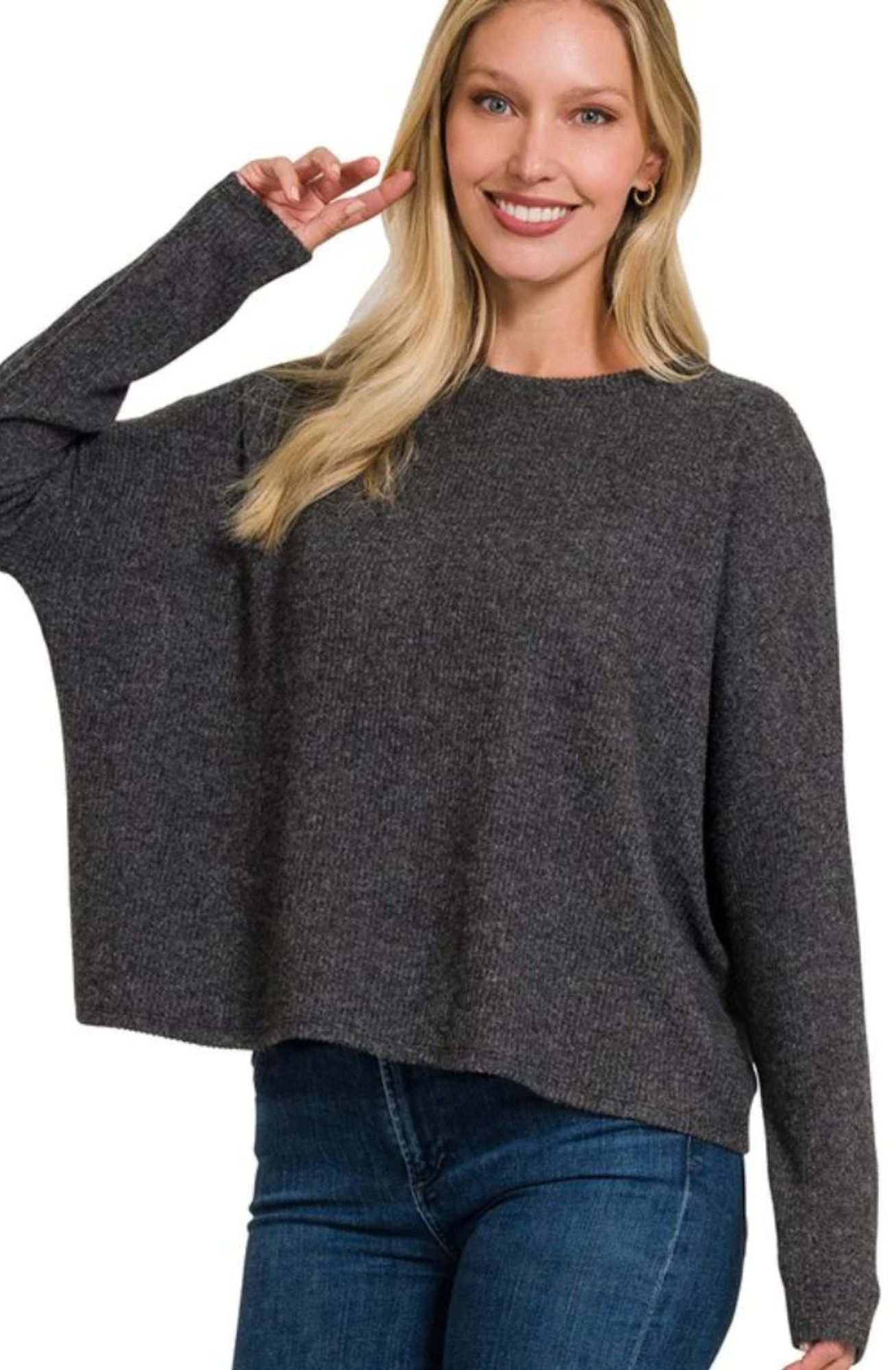 Ribbed Dolman Long Sleeve Sweater with Back Patch