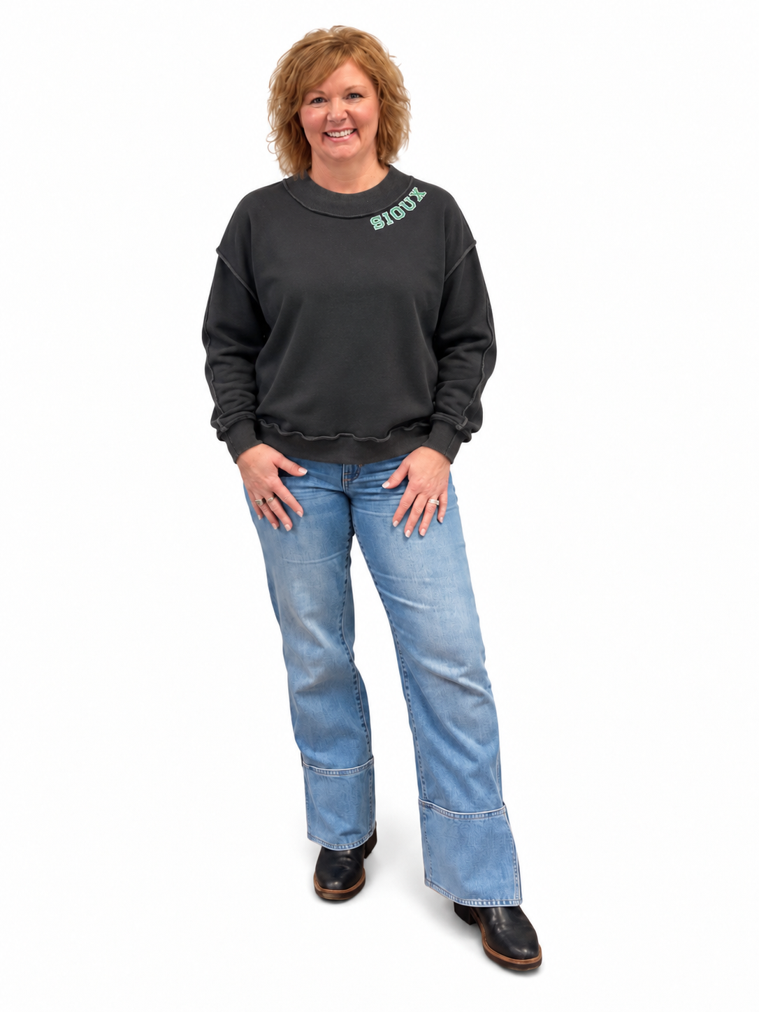 Sioux Patch Oversize Drop Shoulder Reversible Mock Neck Sweatshirt (black or kelly green)