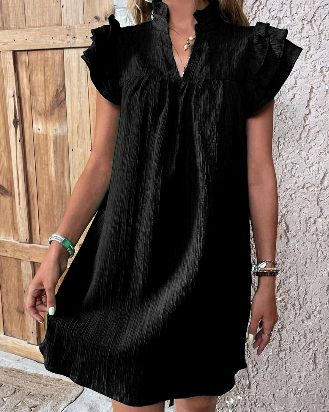 Multi-Layer Lotus Sleeve V-Neck Long Pullover Dress