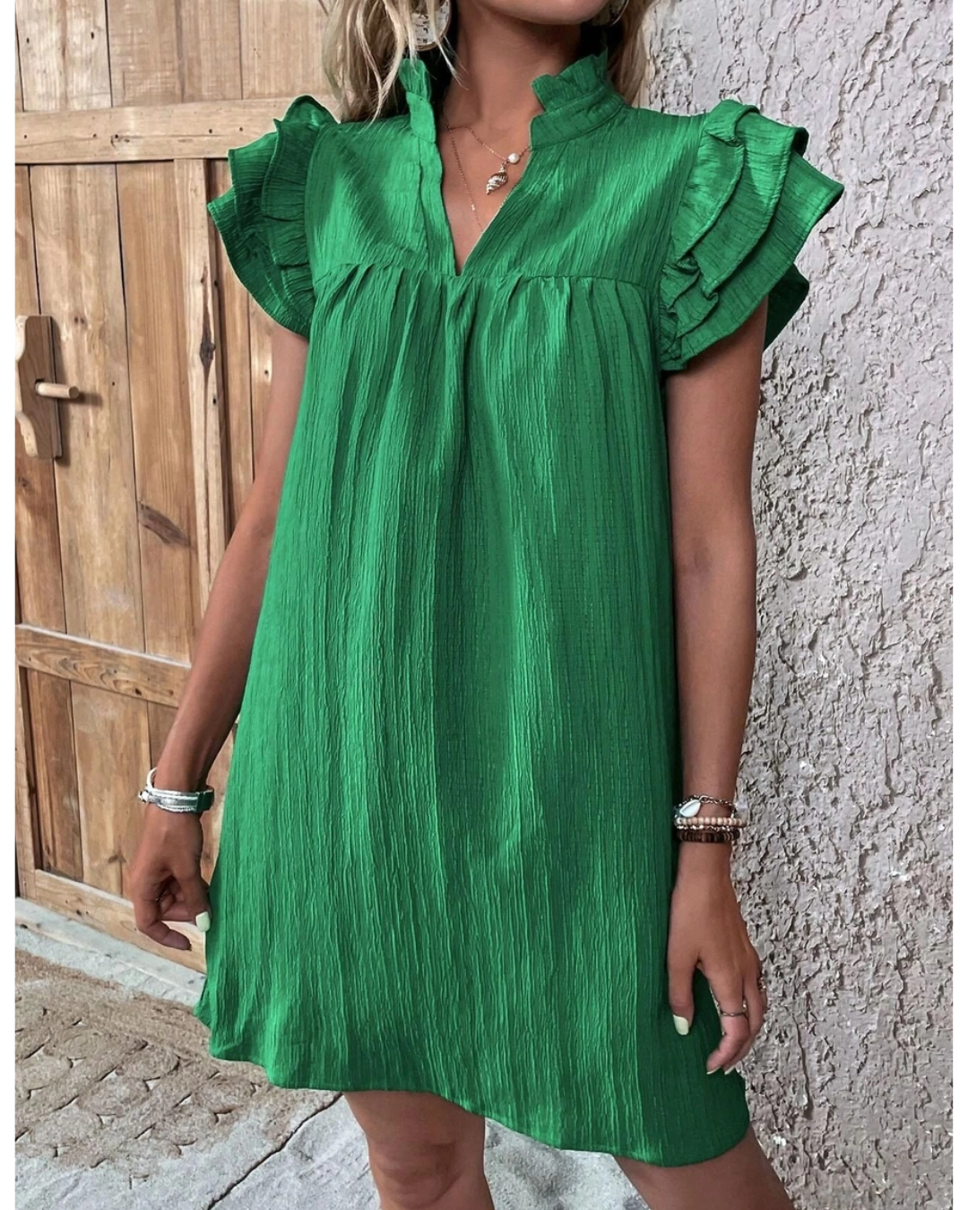 Multi-Layer Lotus Sleeve V-Neck Long Pullover Dress