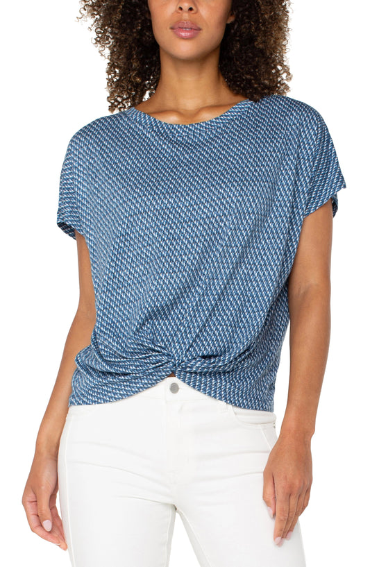 Liverpool Crew Neck Knit Top with Front Twist Detail (Blue Multi Mcro)