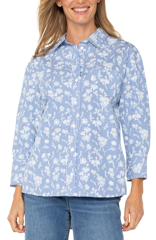 Liverpool Bracelet Sleeve Oversized Button-Down Shirt (Blue White Floral Stripe)