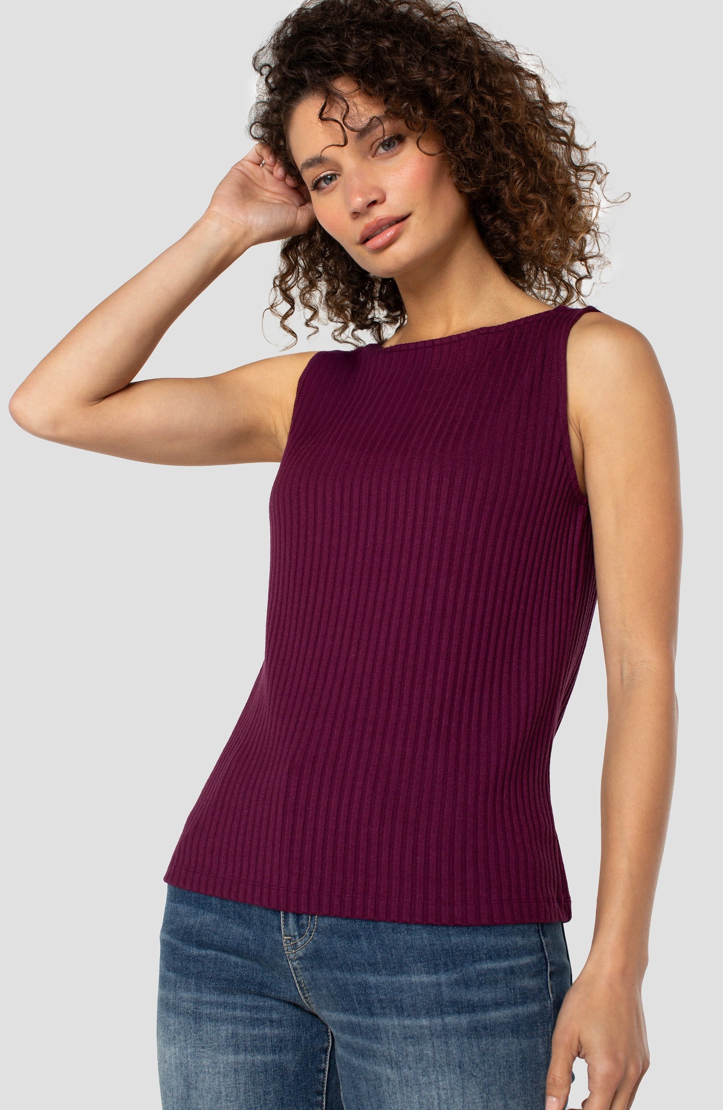 Liverpool Sleeveless Boat Neck Rib Knit Top (Wine Berry)
