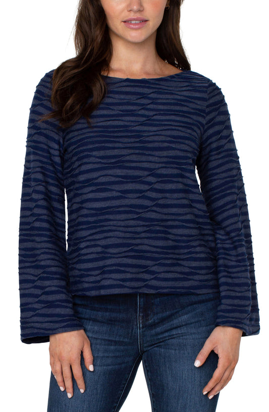 Liverpool's Long Flared Sleeve Boat Neck Knit Top (Navy Spacedye Stripe)