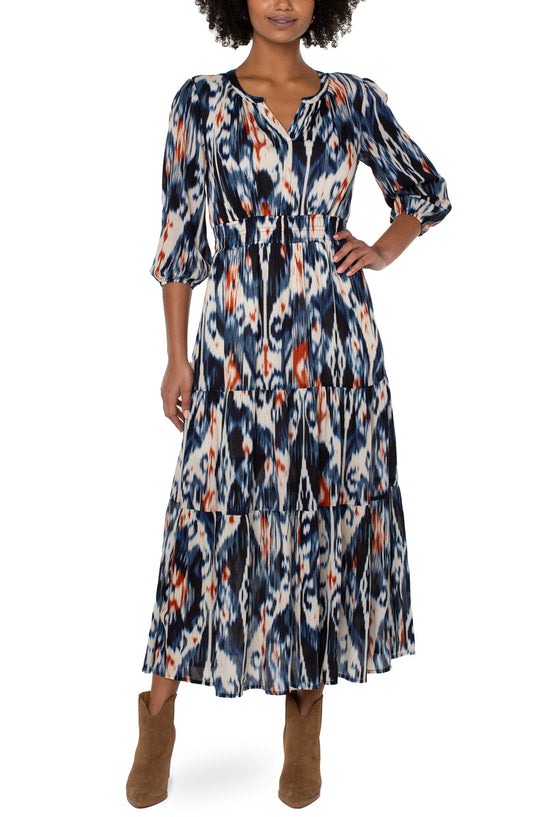 Liverpool's 3/4 Sleeve Woven Tiered Maxi Dress (Allover Ikat)