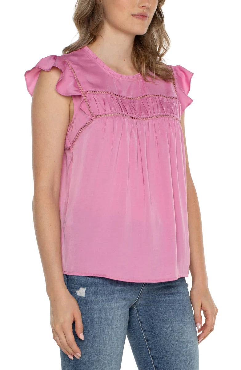 Liverpool Flutter Sleeve Woven Top with Trim Detail (Rose Pink)