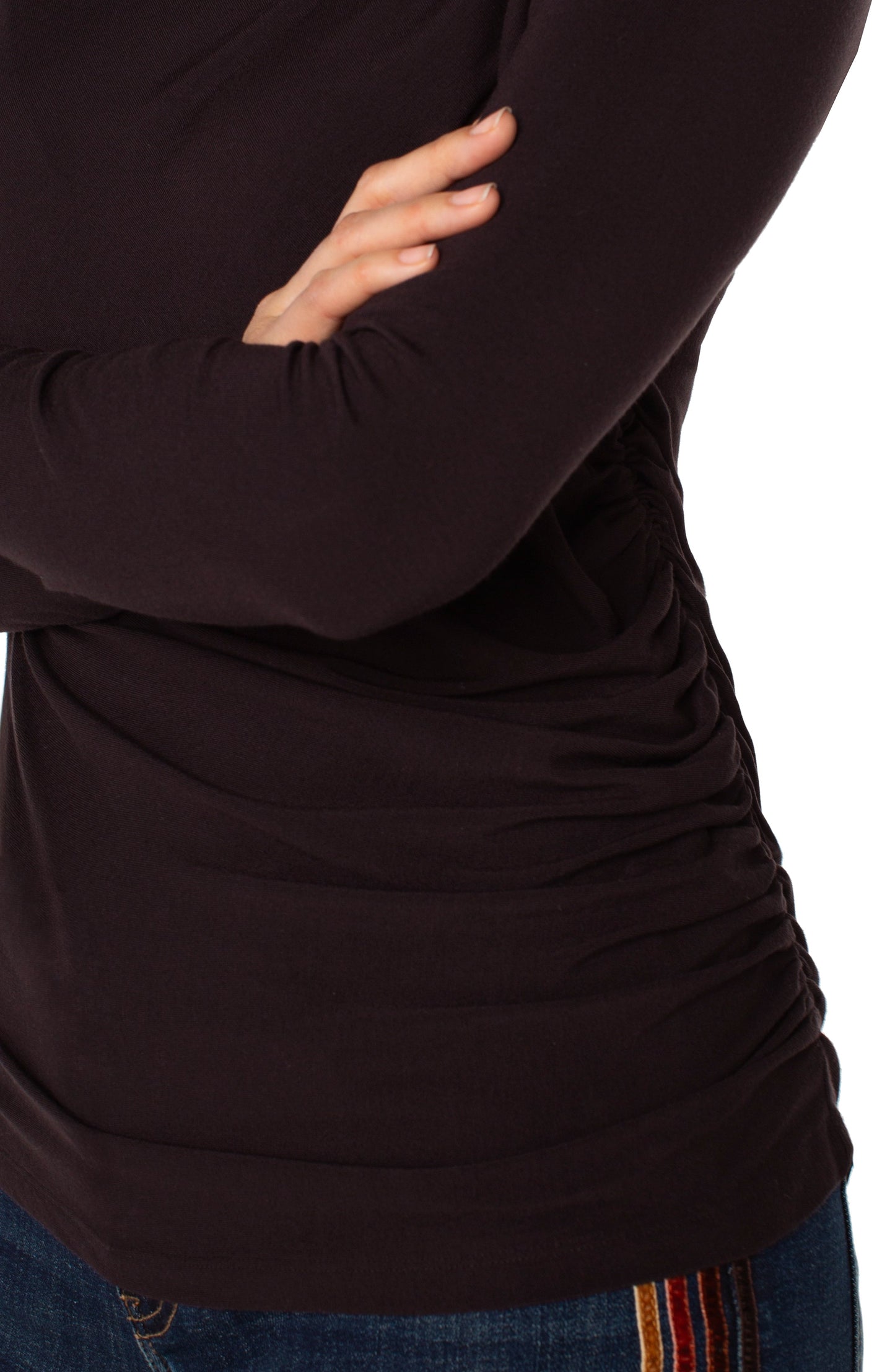 Liverpool Long Sleeve Mock Neck Knit Top with Shirring (Java)