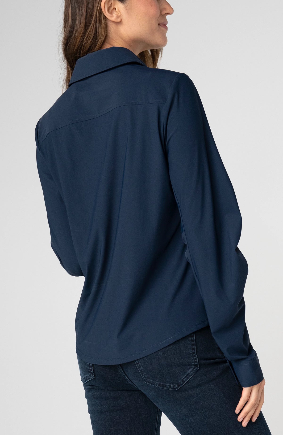 Liverpool Long Pleated Sleeve Button Front Knit Shirt (Navy)