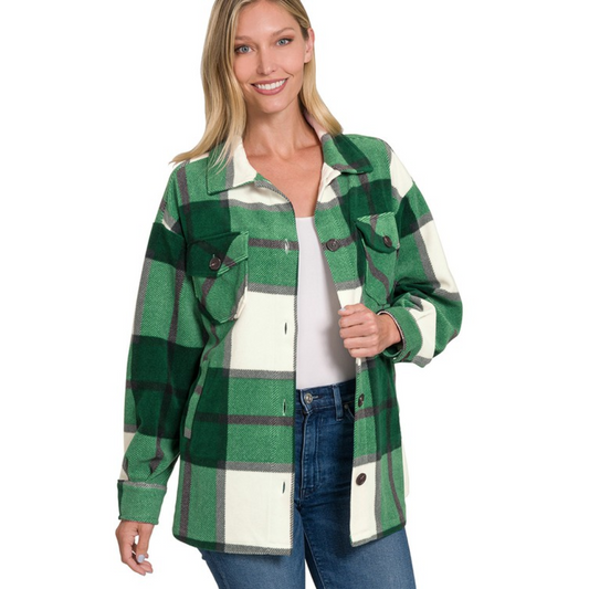 Oversized Plaid Fleece Shacket with Pockets