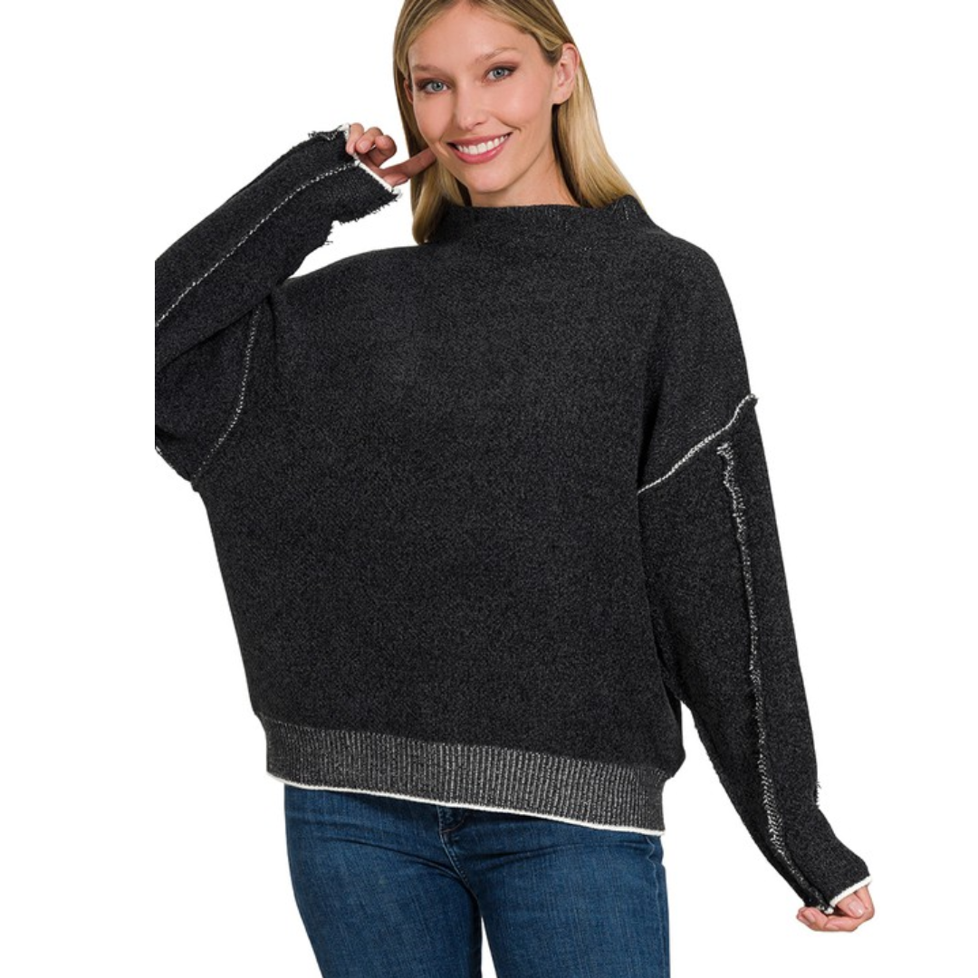 Oversized Mock Neck Raw Hem Chenille Sweater