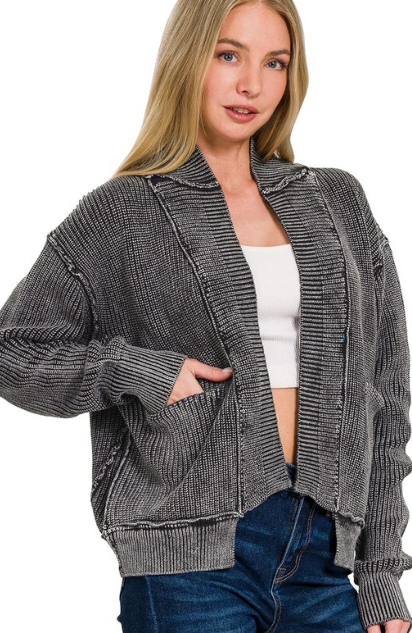 Washed Dropped Shoulder Cardigan with Side Pockets