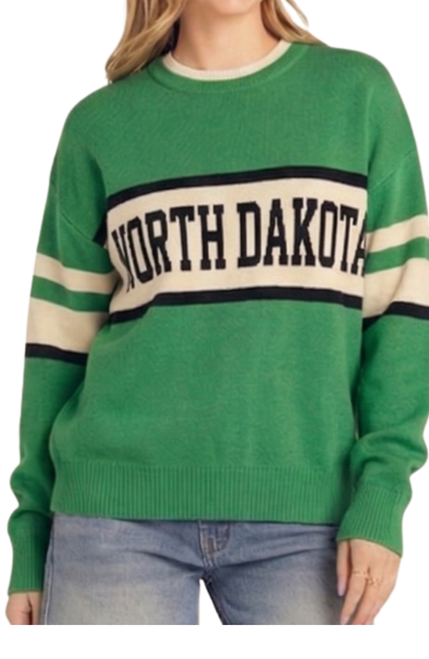 North Dakota Round Neck Long Sleeve Sweater with Black Trim