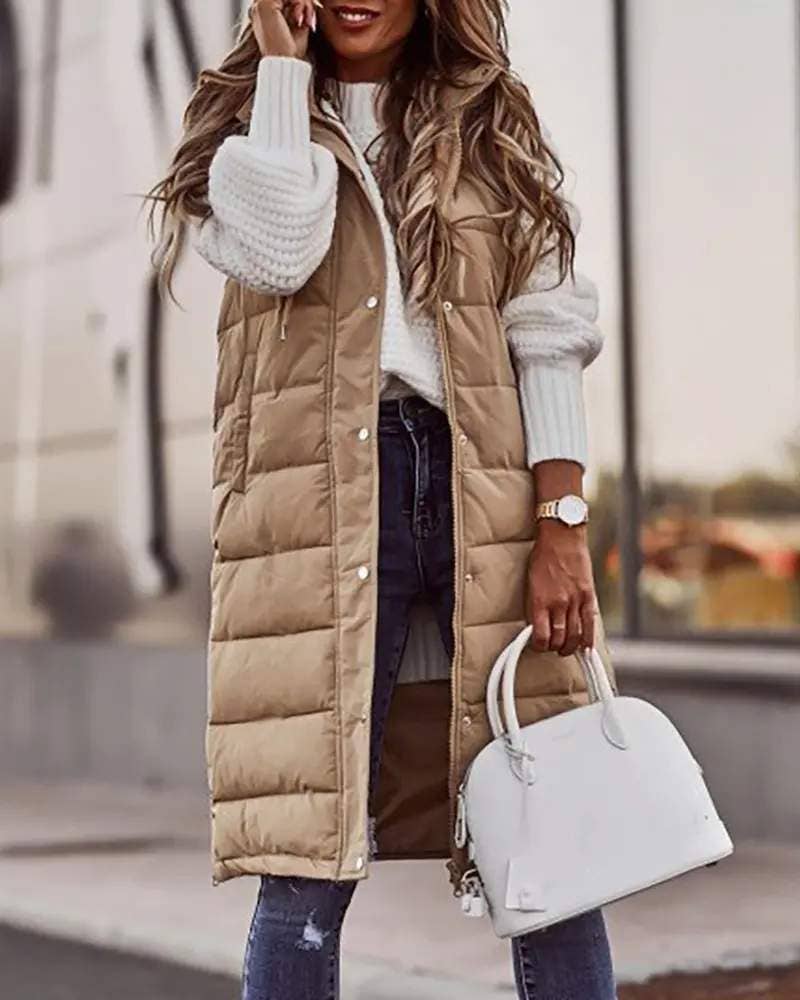 Pocket Button Design Hooded Puffer Vest Jacket