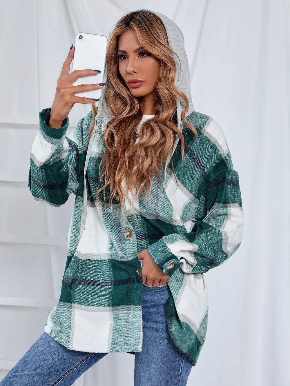 Plaid button front drawstring hooded coat