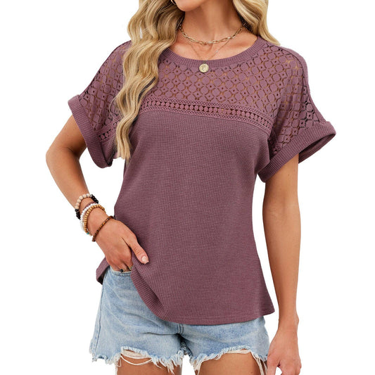 Lace Crochet Yoke Short Sleeve Waffle Knit Top
