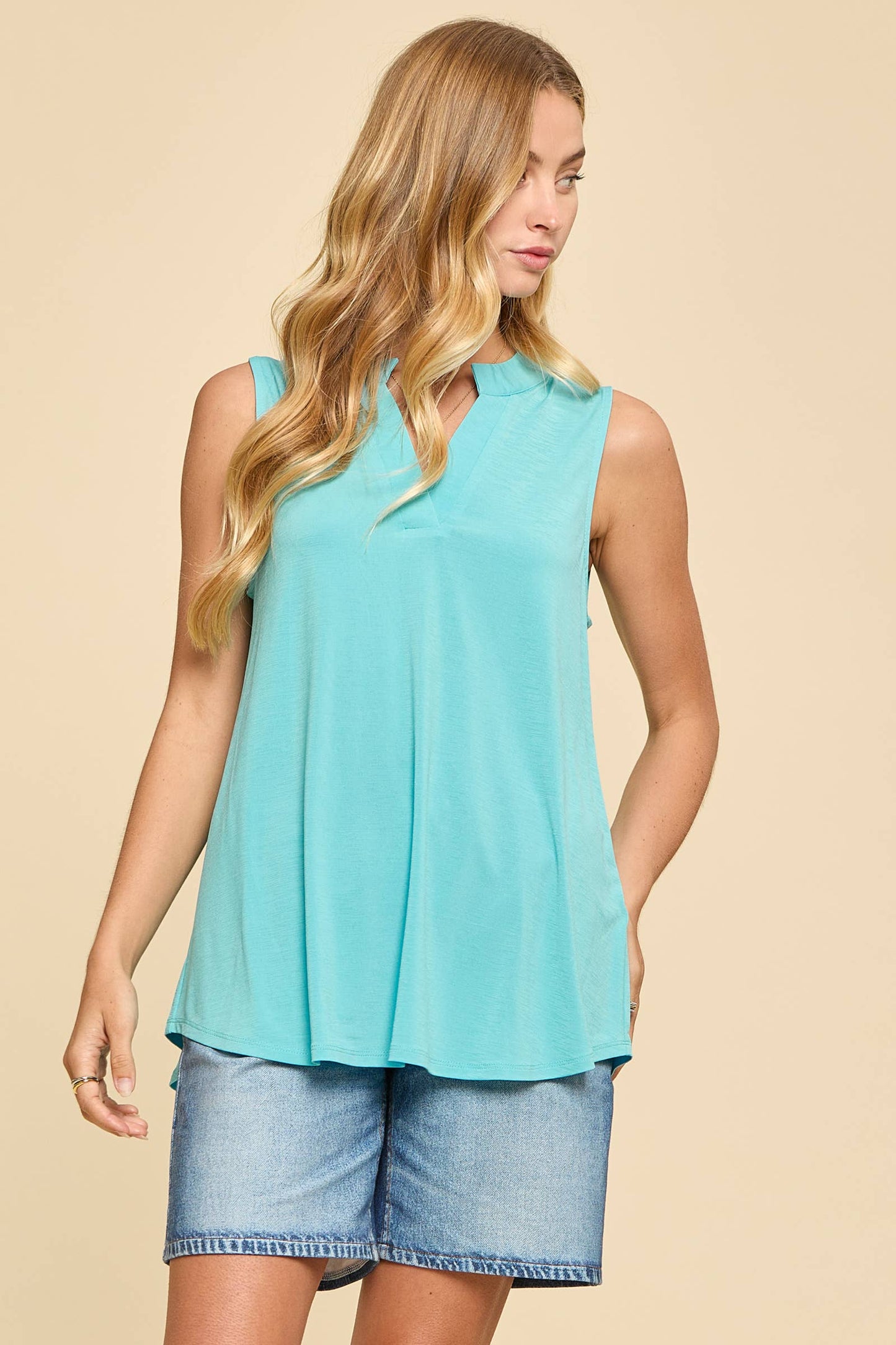 Solid Lizzy Mandarin Collar Sleeveless Top