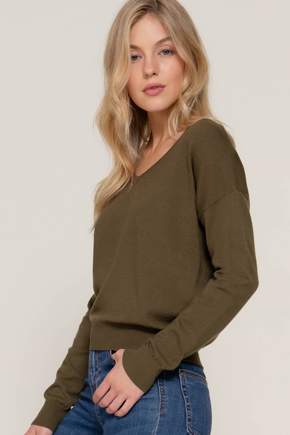 Long Sleeve V-neck Back Cross Strap Sweater