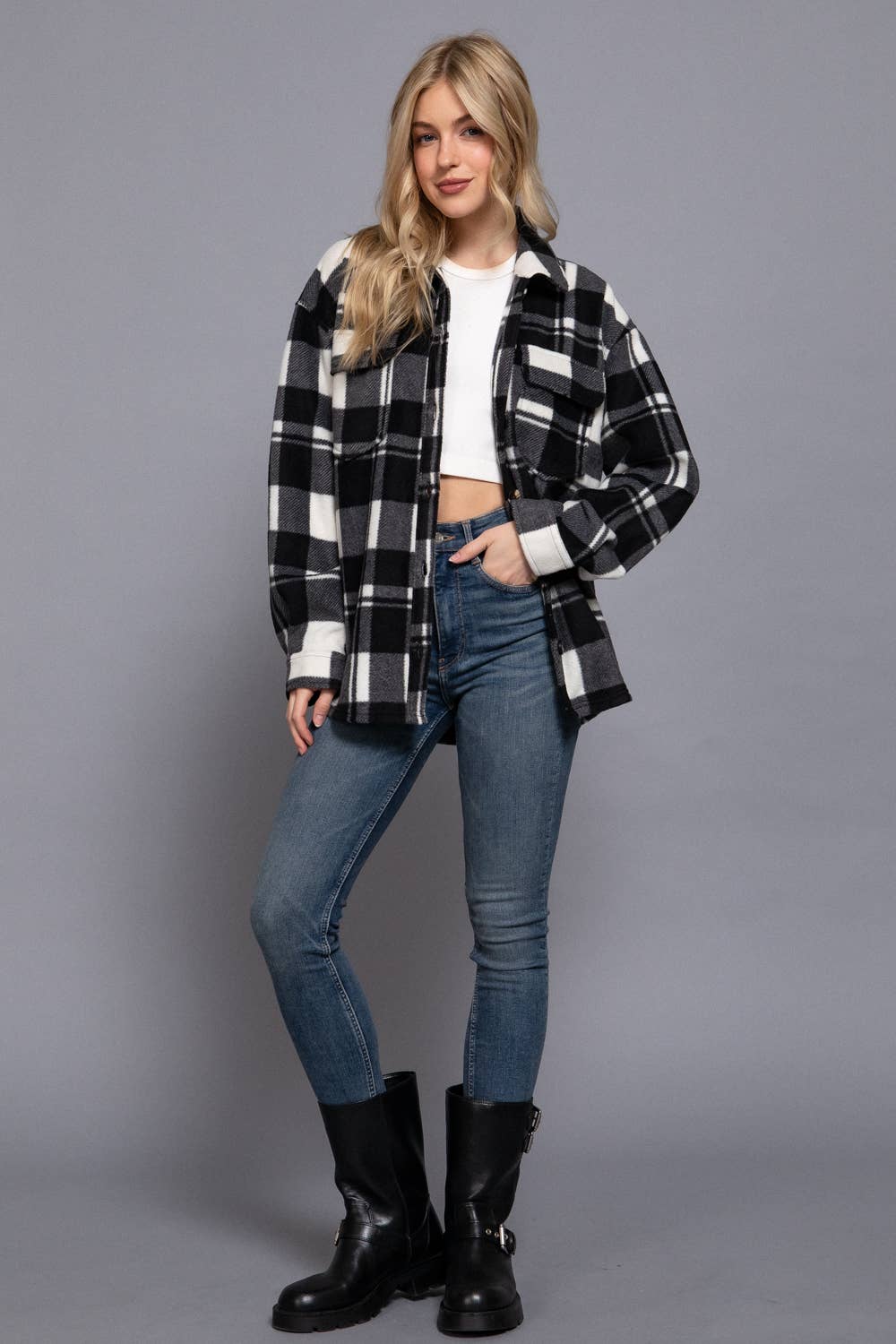 Long Sleeve Check Printed Fleece Shacket (light grey)