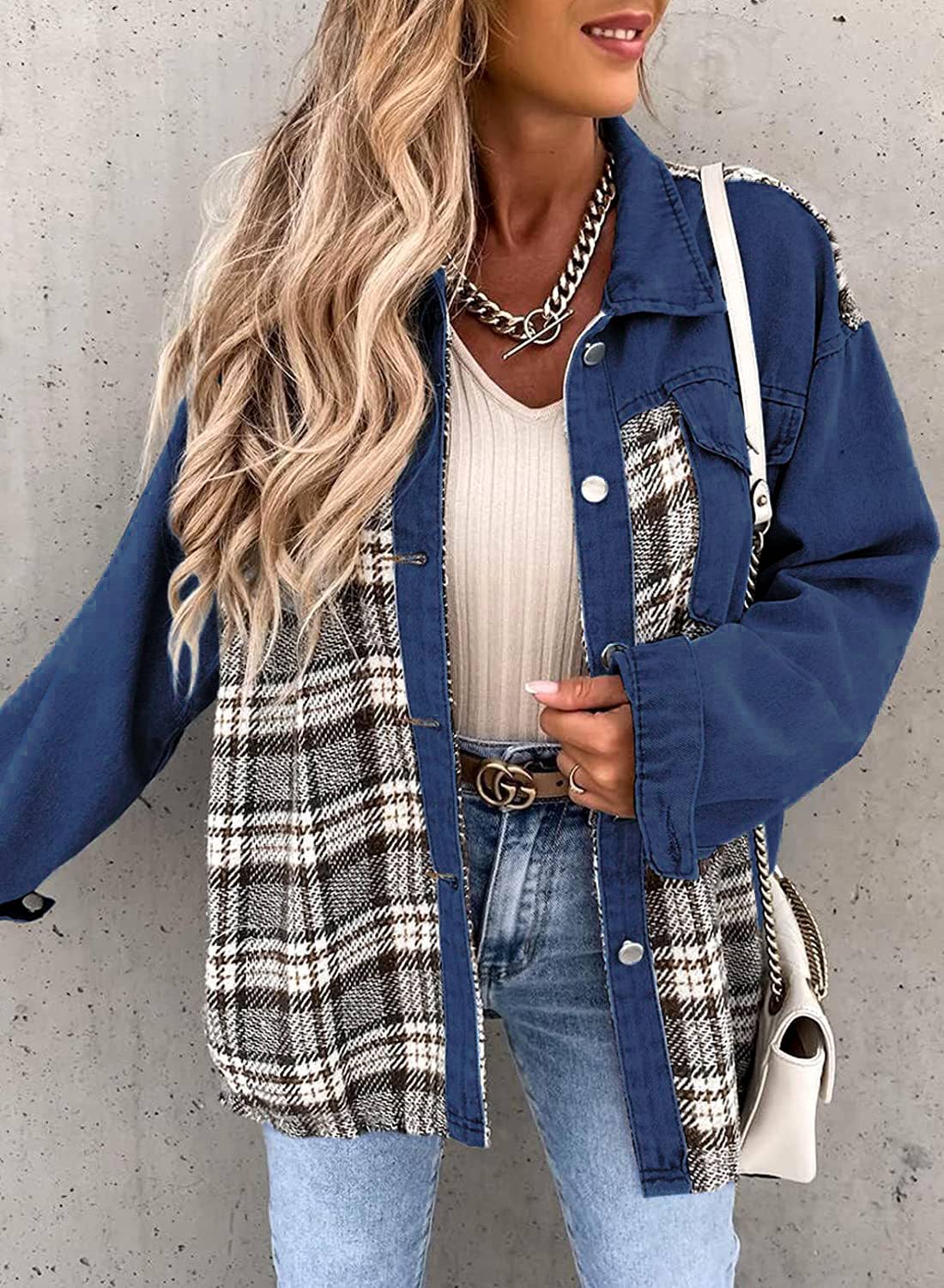 Long-Sleeved Plaid Button-Down Shirt Jacket